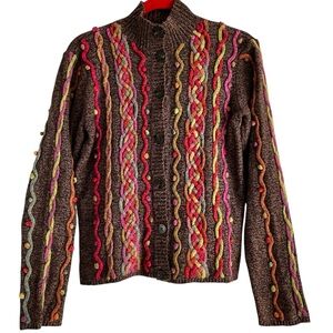 Talbots Vintage 3D Knit Cardigan Brown & Multicolored Sz Medium